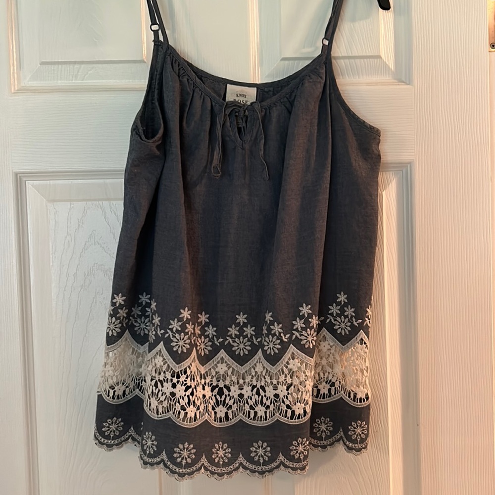 Know Rose Adjustable Trap Denim Tank Top with White Lace Embellishment